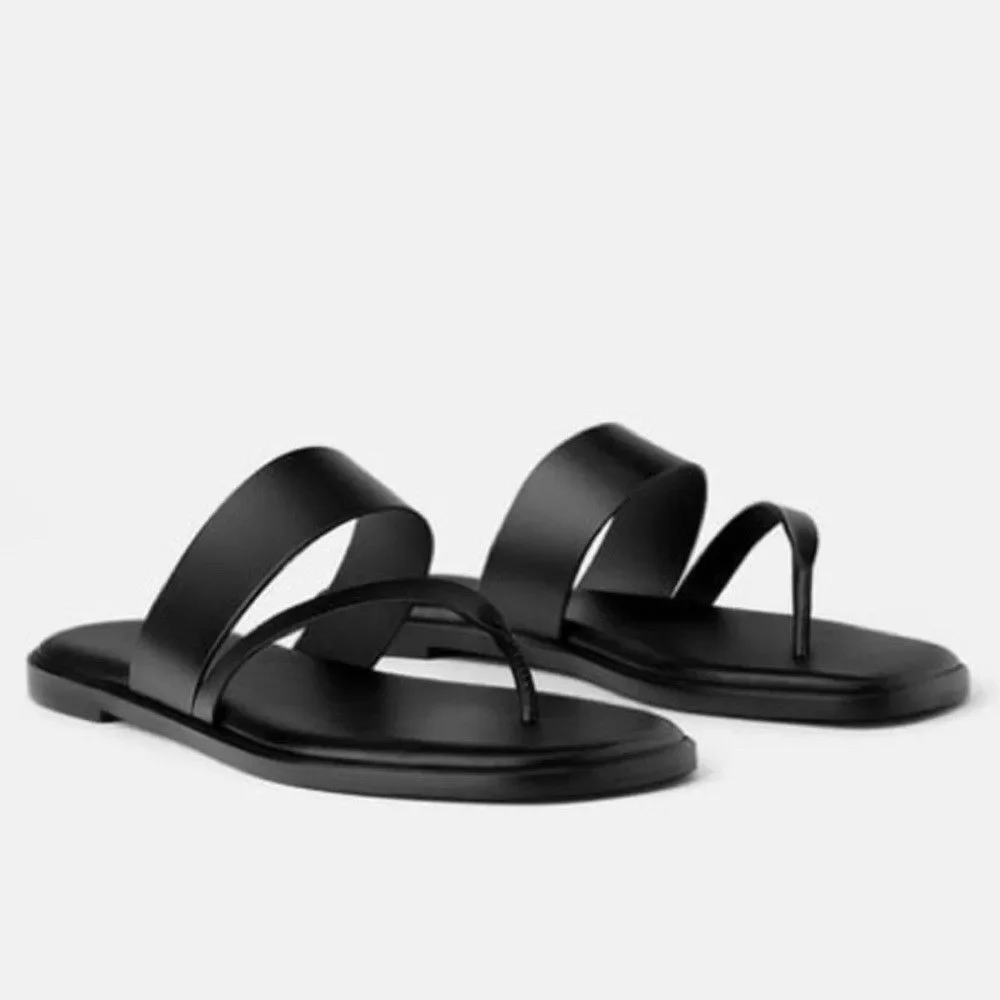 Zara Leather Sandals Womens EU 40 US 9 Black Strappy Casual Slide On Minimalist - Picture 12 of 13